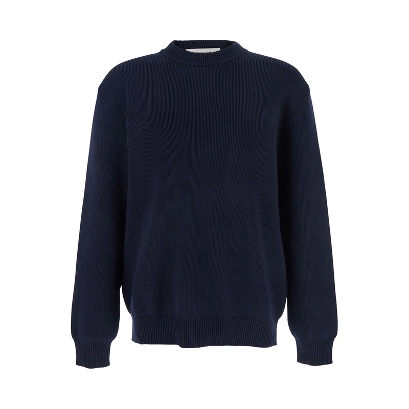 Blue Ribbed Sweater with Logo Lettering on the Back in Cotton Man