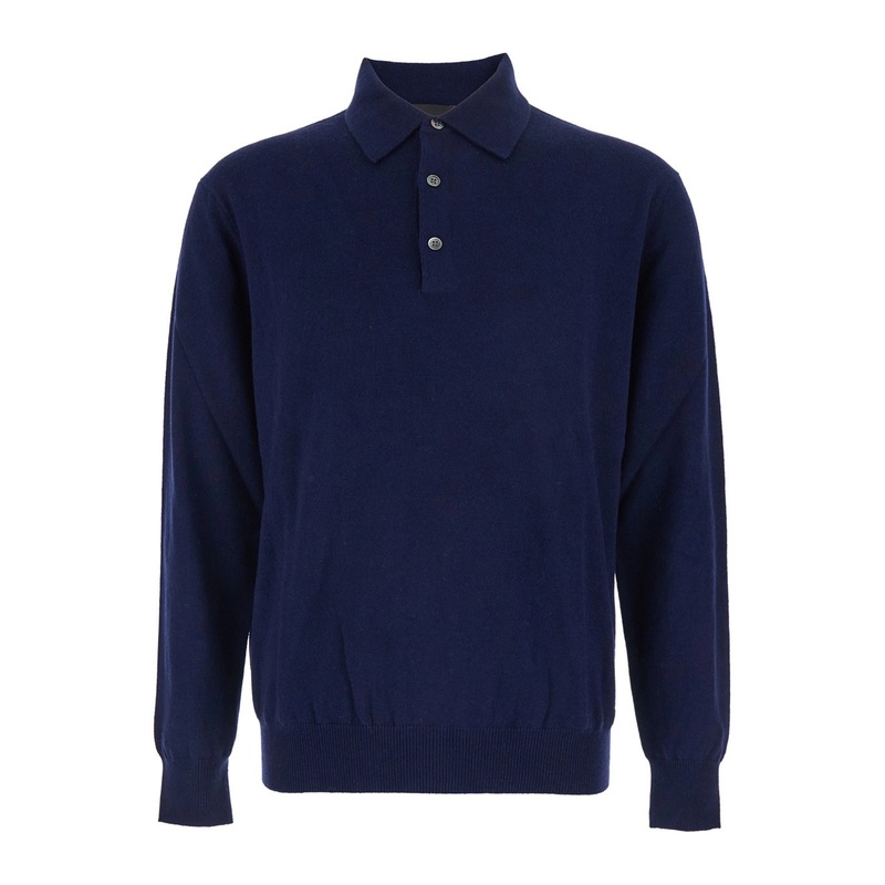 Blue Sweater with Polo Shirt Style Collar and Long Sleeves in Wool Blend Man