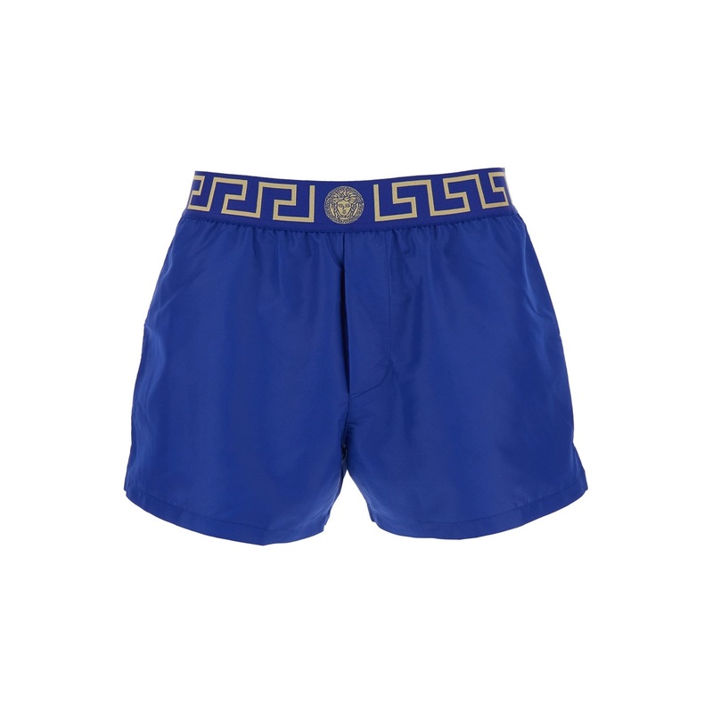 Blue Swim Shorts with Elastic Waist with Greca Motif in Tech Fabric Man