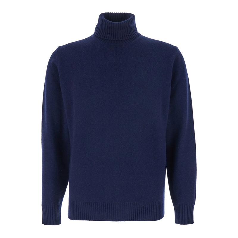 Blue Turtleneck Sweater with Ribbed Trims in Wool Man