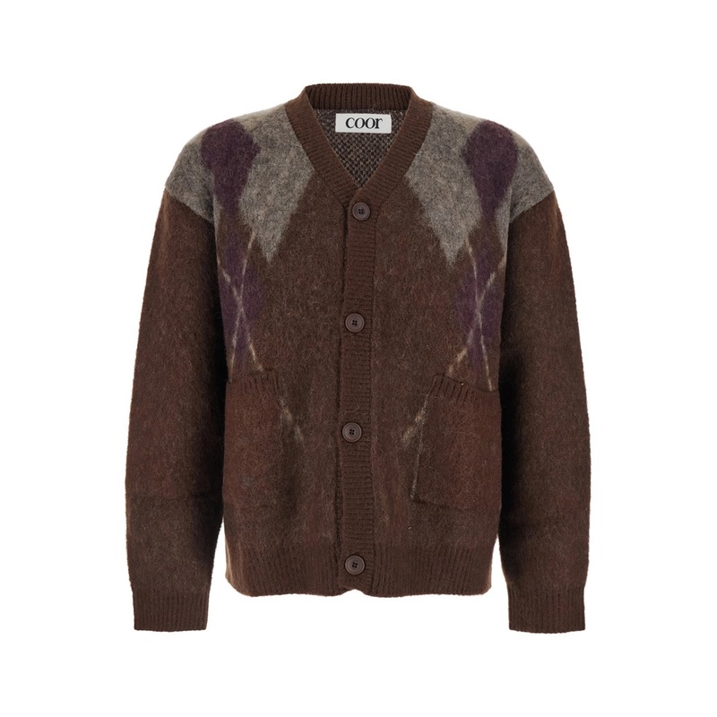 Brown Cardigan with V Neck and All-Over Argyle Motif in Wool Blend Man