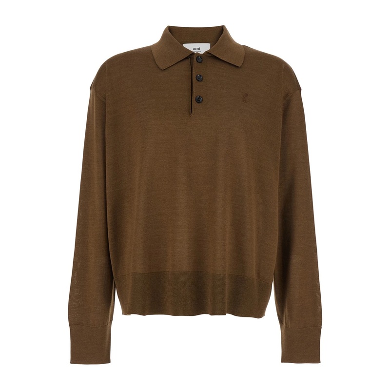 Brown Polo Shirt with Classic Collar and Logo Embroidery on the Front in Wool and Silk Man
