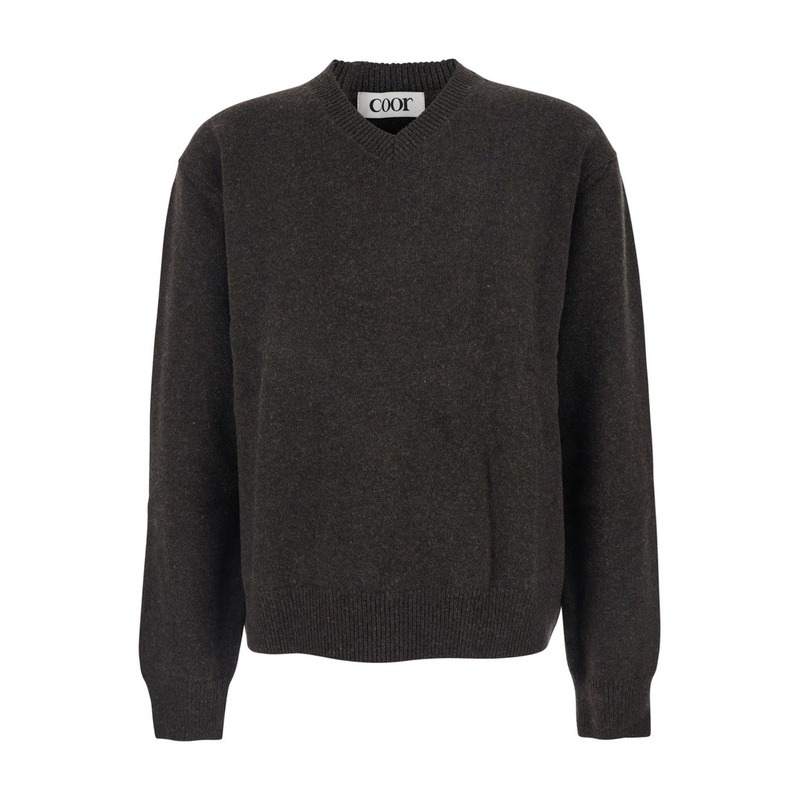 Brown Sweater with V Neck and Ribbed Trims in Wool Man