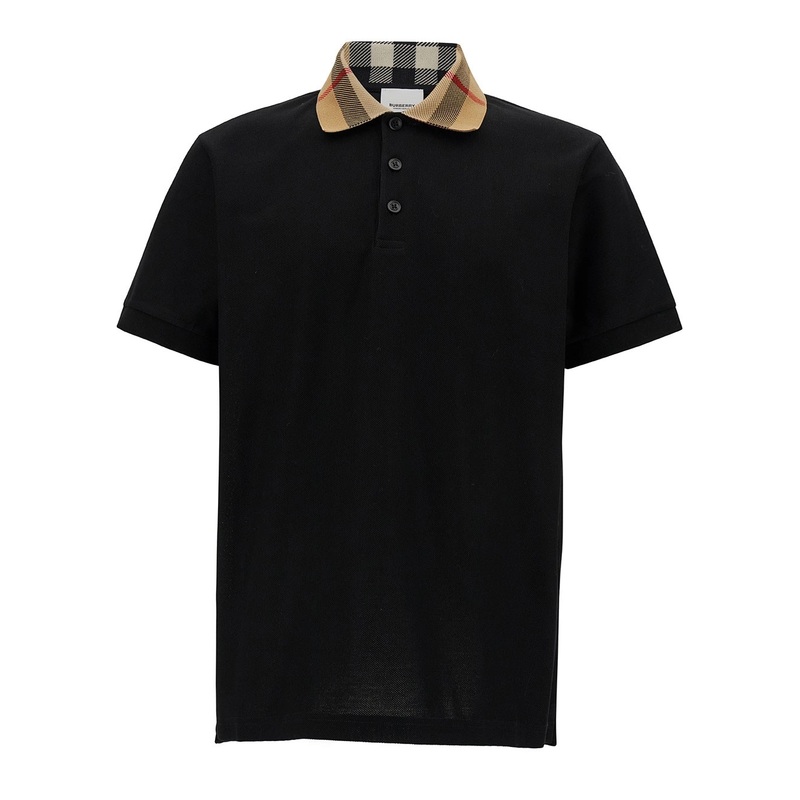 ‘Cody’ Black Polo Shirt with Classic Collar with Check Motif in Cotton Man