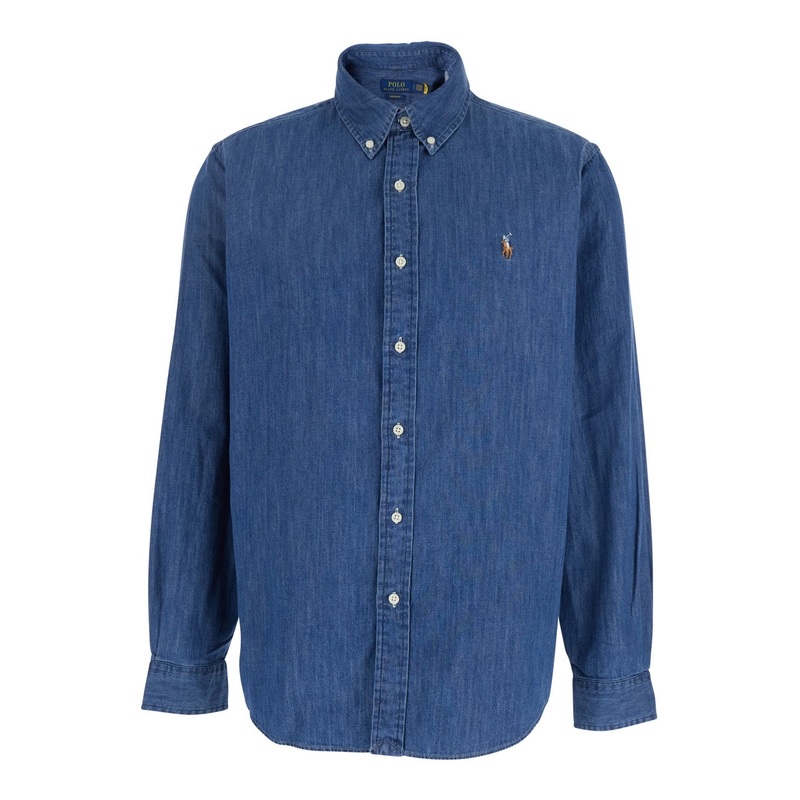 ‘Custom Fit’ Blue Shirt with Pony Embroidery on the Front in Denim Man