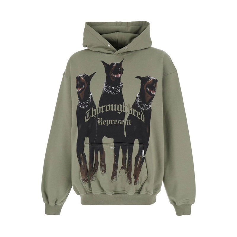 Green Hoodie with Fixed Hood and Maxi Print on the Front in Cotton Man