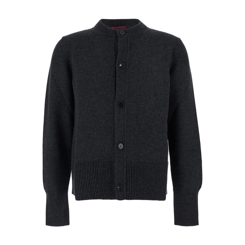 Grey Crew Neck Cardigan with GG Logo on the Front in Wool and Cashmere Blend Man