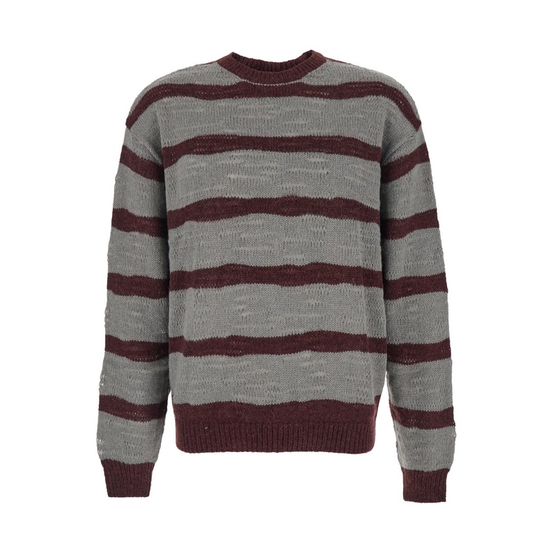 Grey Crew Neck Sweater with All-Over Striped Motif in Wool Blend Man