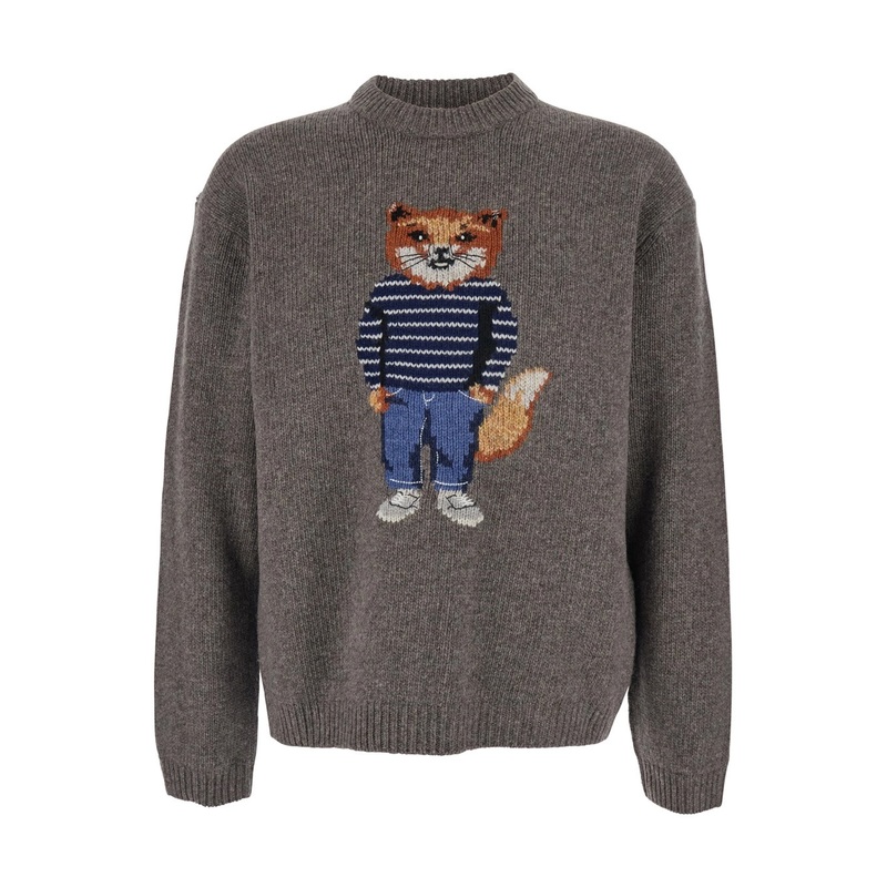 Grey Crewneck Sweater with Logo Embroidery on the Front in Wool Blend Man