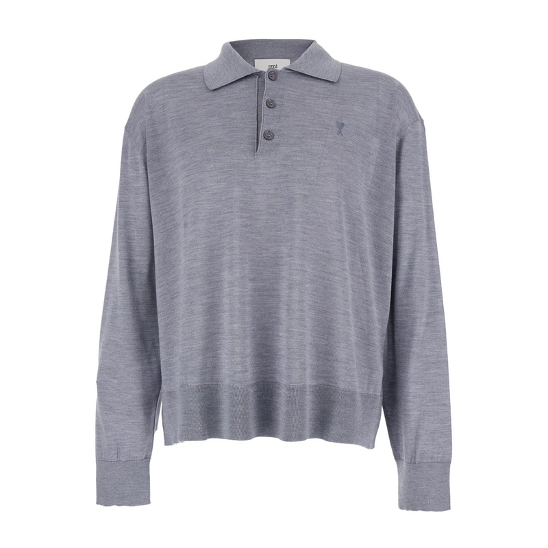 Grey Polo Shirt with Classic Collar and ADC Embroidery on the Front in Wool and Silk Blend Man