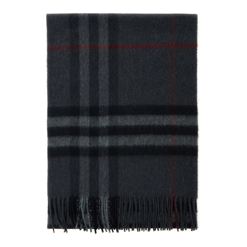Grey Rectangular Scarf with Check Motif All-Over and Fringed Hem in Cashmere Woman