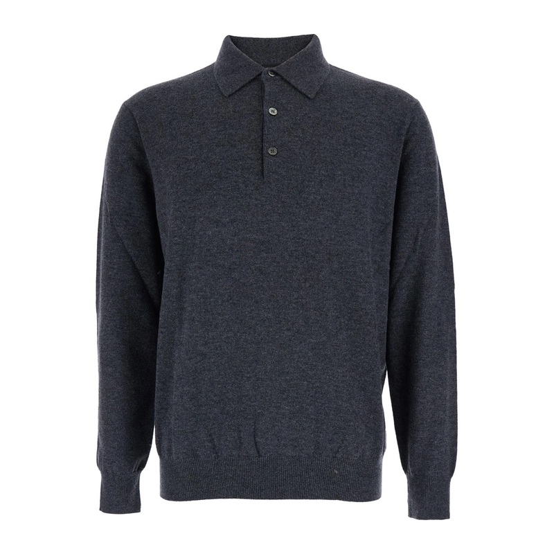Grey Sweater with Polo Shirt Style Collar and Long Sleeves in Wool Blend Man