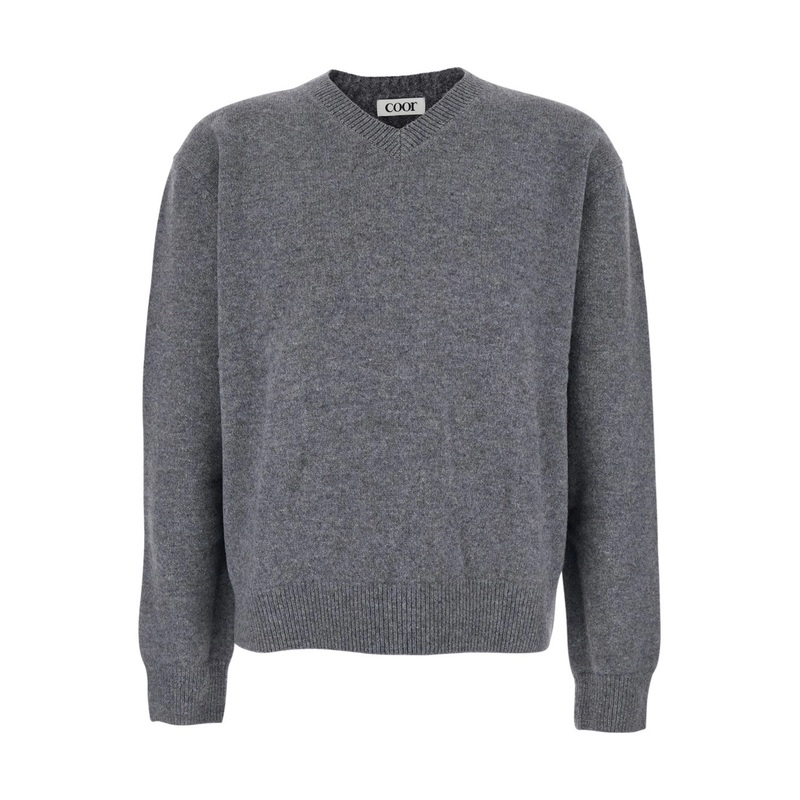 Grey Sweater with V Neck and Ribbed Trims in Wool Man