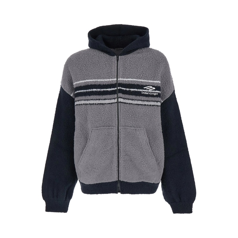 Grey Sweatshirt with Fixed Hood and Logo Lettering on the Front in Mixed Fabric Man