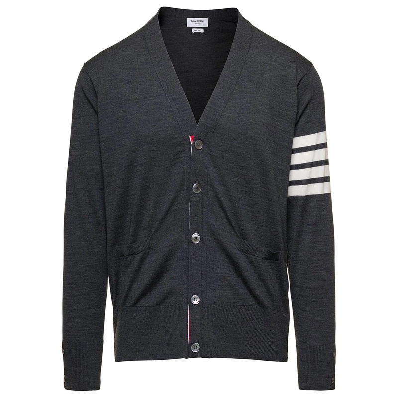 Grey V-Neck Cardigan with Stripe Detail in Wool Man