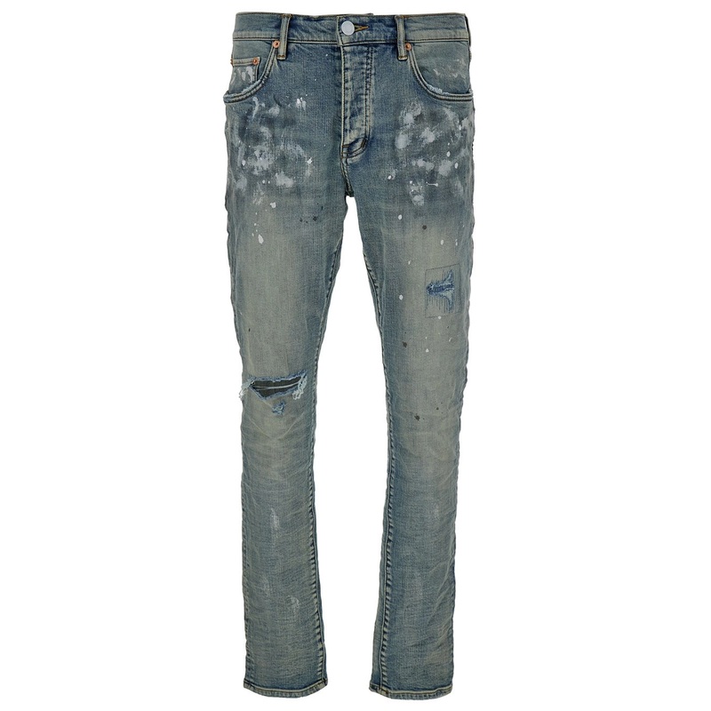 Light Blue Five Pockets Skinny Jeans with Paint Stains in Cotton Denim Man