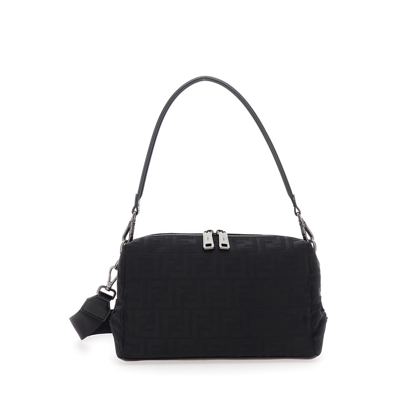 ‘Lui Medium’ Black Shoulder Bag with All-Over FF Motif in Tech Fabric Woman