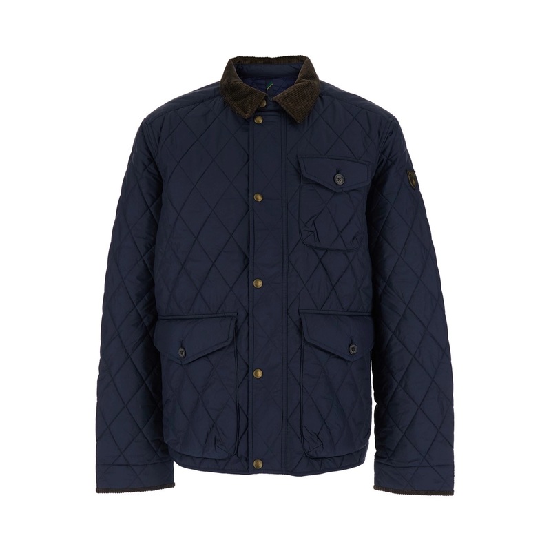 ‘The Beaton’ Blue Jacket with Corduroy Collar and Logo Patch on the Sleeve in Tech Fabric Man
