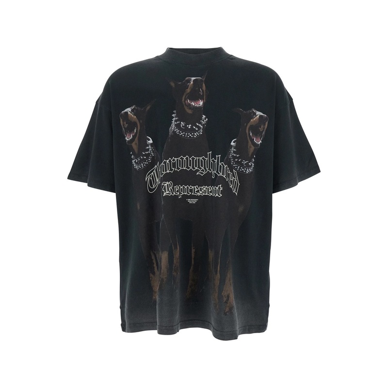 ‘Thoroughbred’ Black T-Shirt with Doberman Graphic Print and Logo Lettering on the Front in Cotton Man