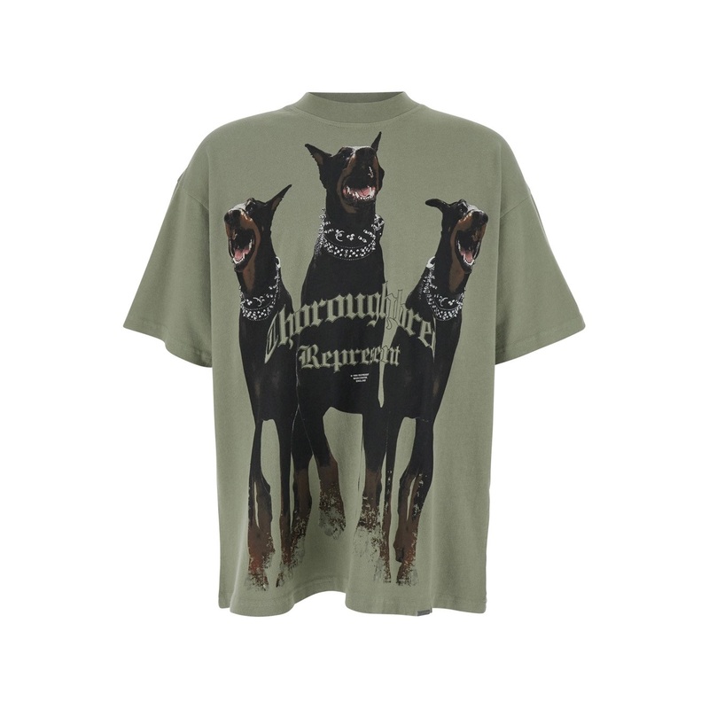 ‘Thoroughbred’ Green T-Shirt with Doberman Graphic Print and Logo Lettering on the Front in Cotton Man
