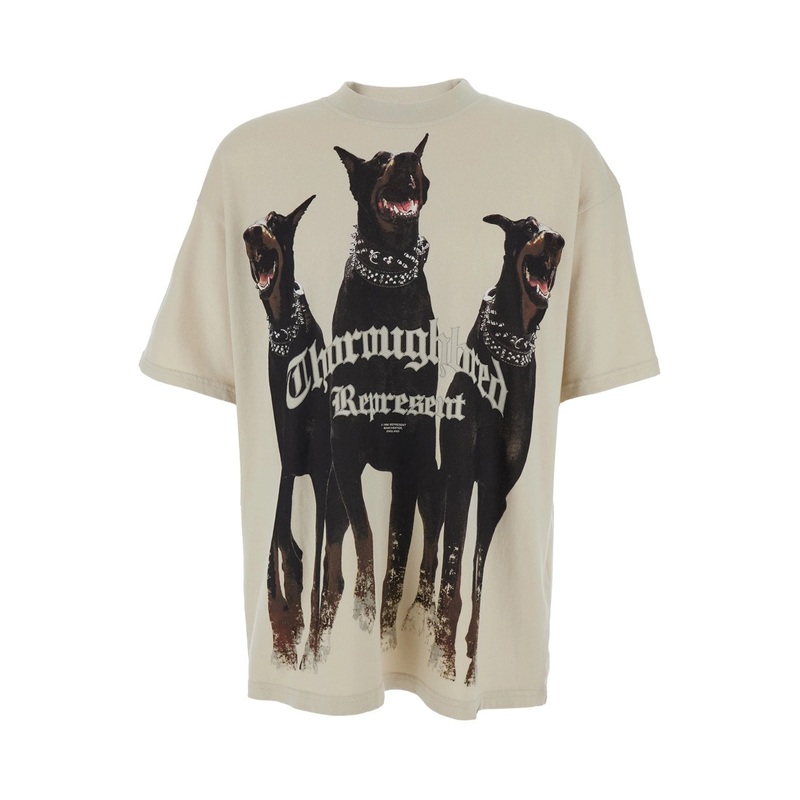 ‘Thoroughbred’ White T-Shirt with Doberman Graphic Print and Logo Lettering on the Front in Cotton Man