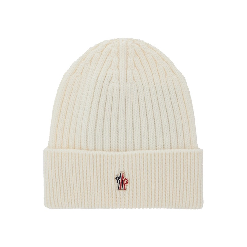 White Beanie with Turn-Up Brim and Logo Patch on the Front in Wool Man
