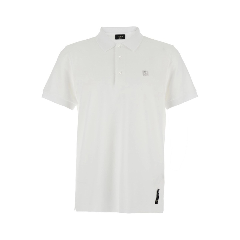 White Polo Shirt with Classic Collar and Metallic FF Plaque on the Front in Cotton Woman