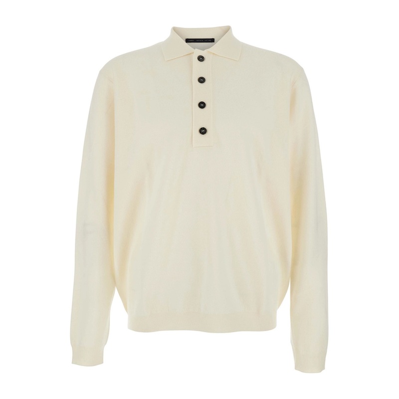 White Sweater with Polo Shirt Style Collar and Long Sleeves in Wool Man