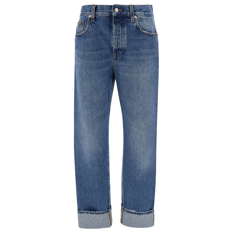 ’90’s’ Light Blue Jeans with Horsebit Detail and Turn-Up Hem in Cotton Denim Woman