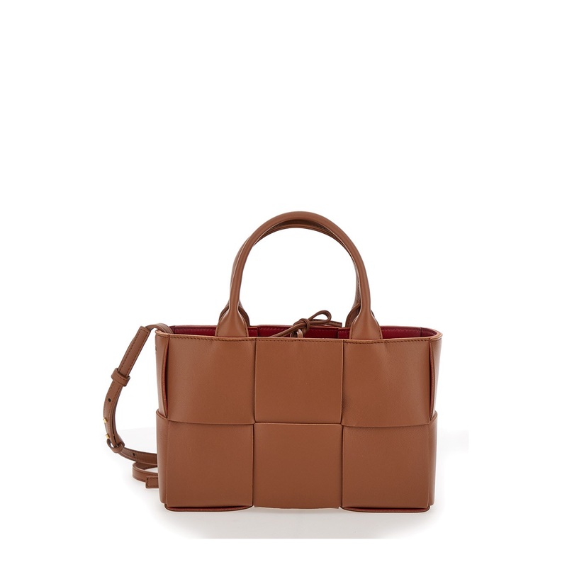 ‘Arco Tote Mini’ Brown Handbag with Intreccio Motif in Leather Woman