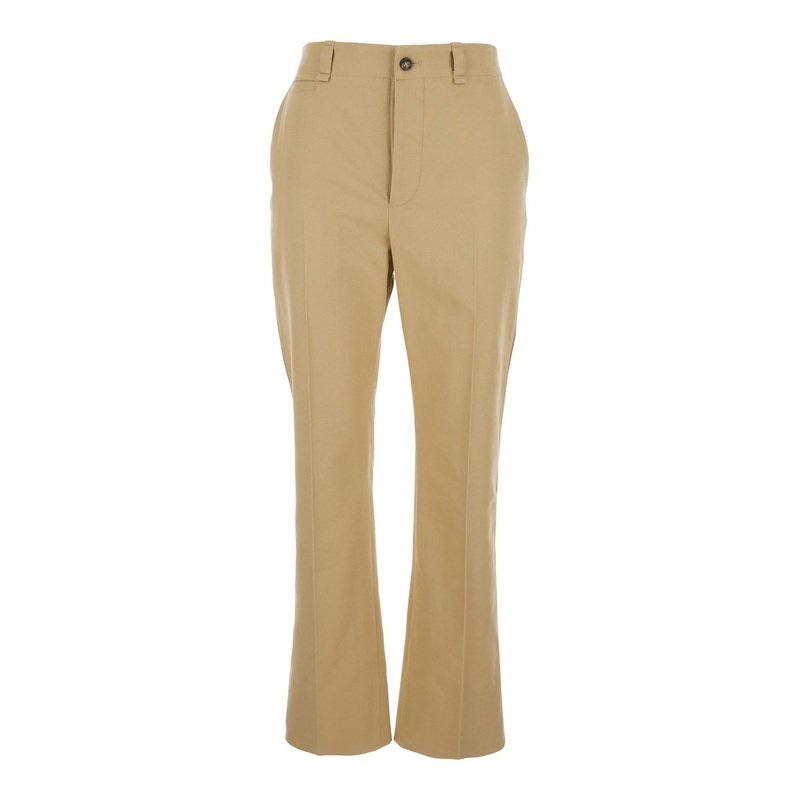 Beige Straight Pants with a Button in Cotton Woman