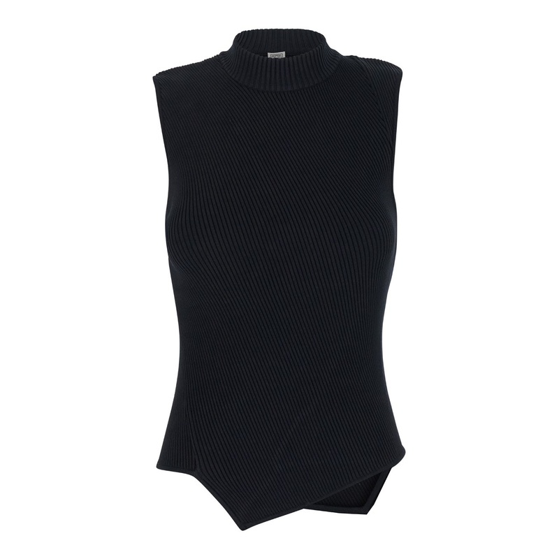 Black Asymmetric Top in Ribbed Knit Woman