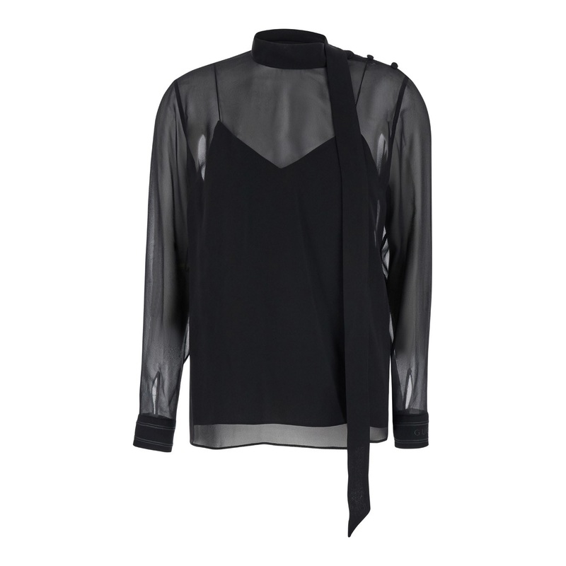Black Blouse with High Pussy Bow Neck in Silk Georgette Woman