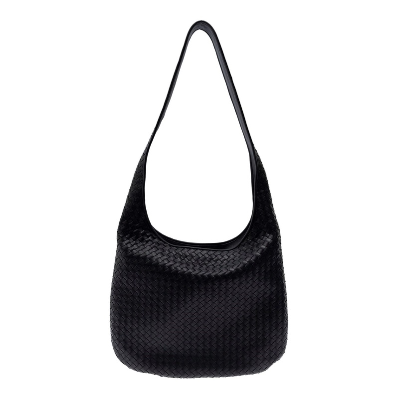 Black Crossbody Bag with Intrecciato Motif and Shoulder Strap in Leather Woman