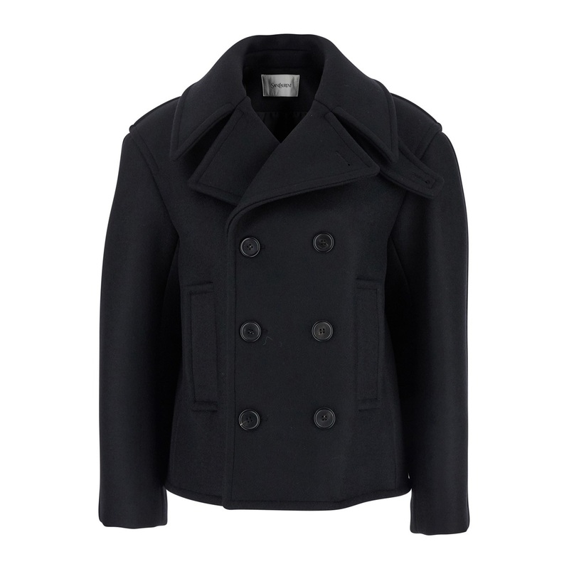 Black Double-Breasted Coat with Classic Wide Revers in Wool Woman