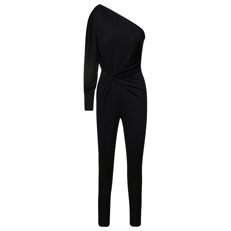 Black One-Shoulder Jumpsuit with Side Gathering in Jersey Woman
