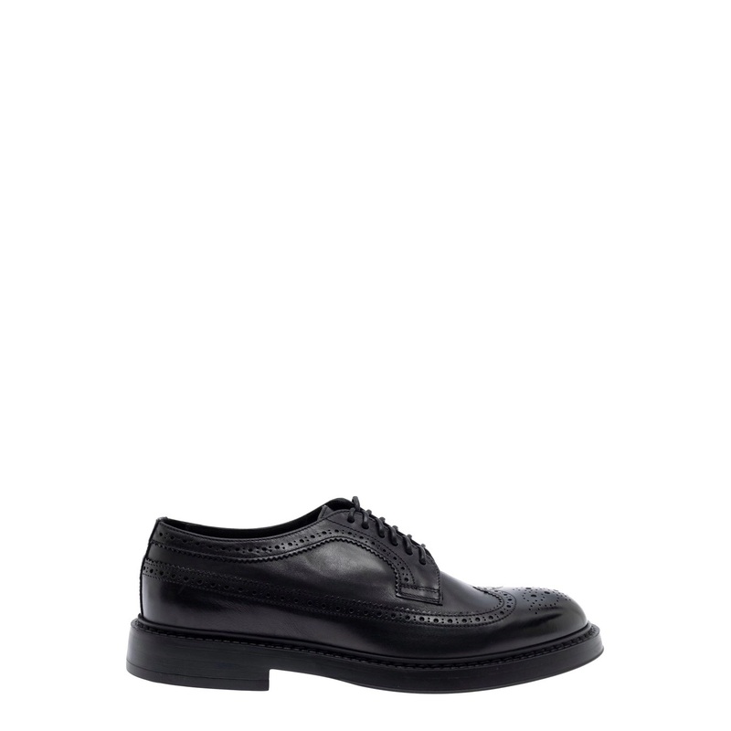 Black Oxford Shoes with Tonal Laces and Perforated Details in Leather Man