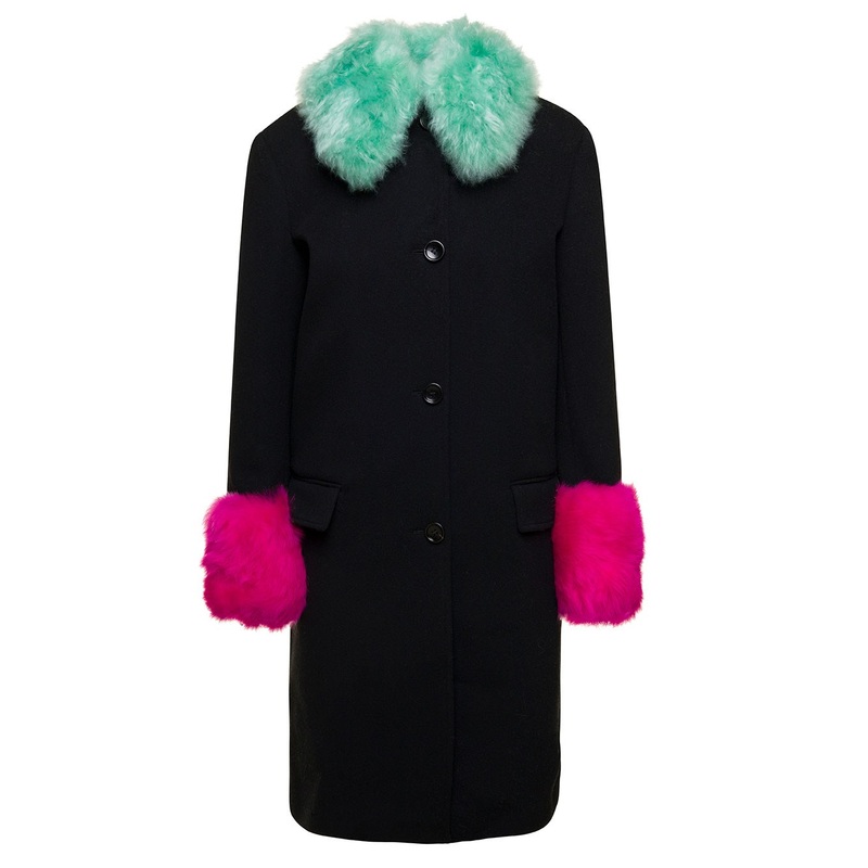 Black Single-Breasted Coat with Detachable Shearling Collar and Cuff in Wool and Cashmere Woman