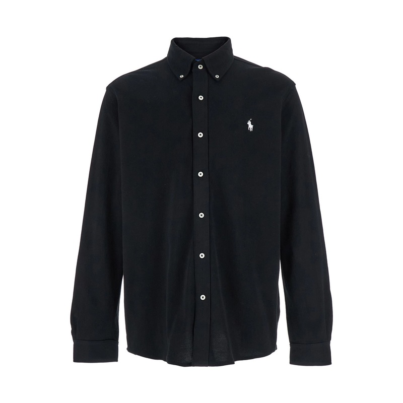 Black Ultra-lightweight Shirt with Button-Down Collar and Pony Embroidery on the Front in Cotton Piquet Man