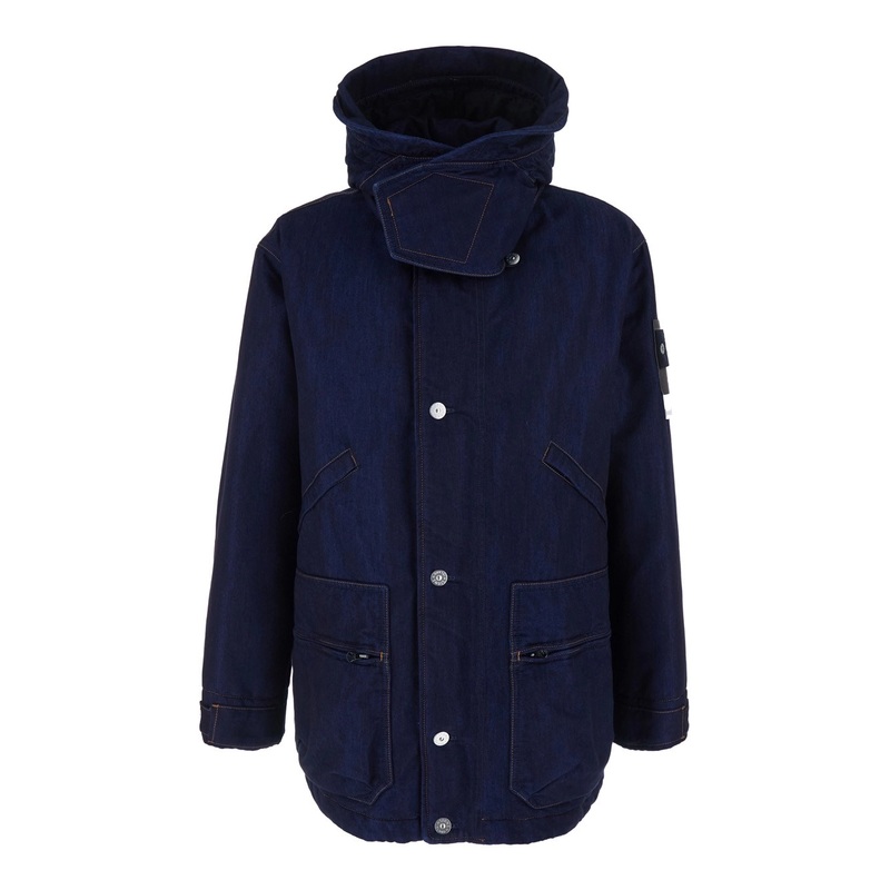 Blue Jacket with Removable Hood and Logo Patch on the Sleeve in Denim Man