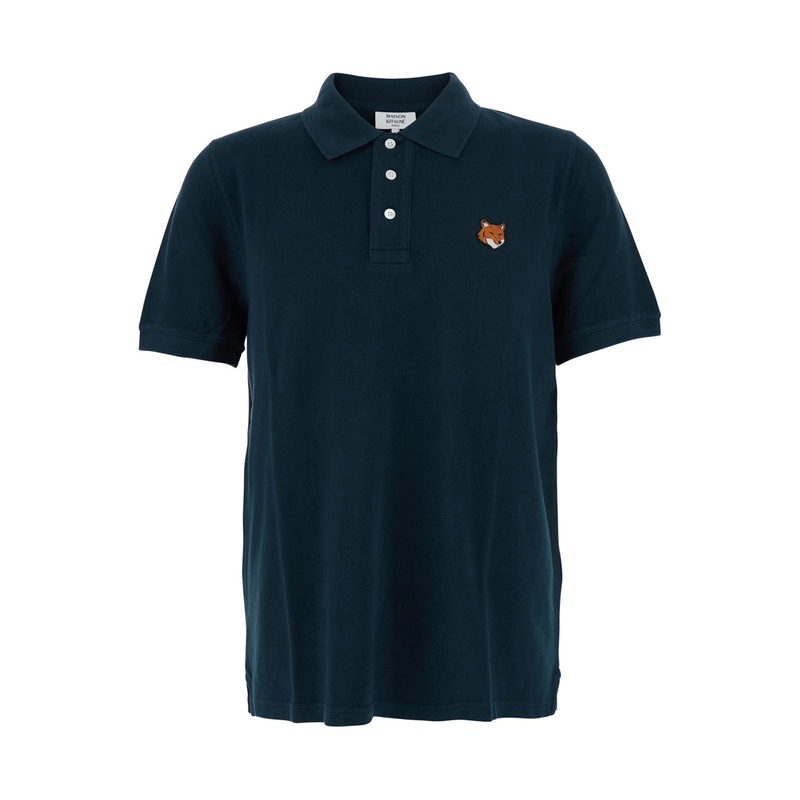 Blue Polo Shirt with Classic Collar and Logo Patch on the Front in Cotton Man
