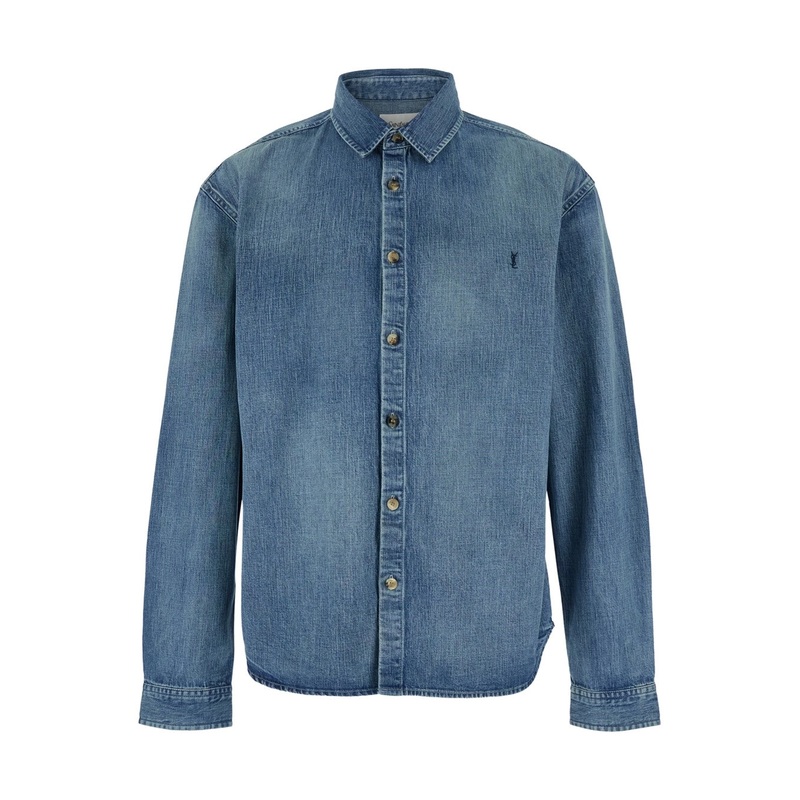 Blue Shirt with Classic Collar and Cassandre Embroidery on the Front in Denim Man
