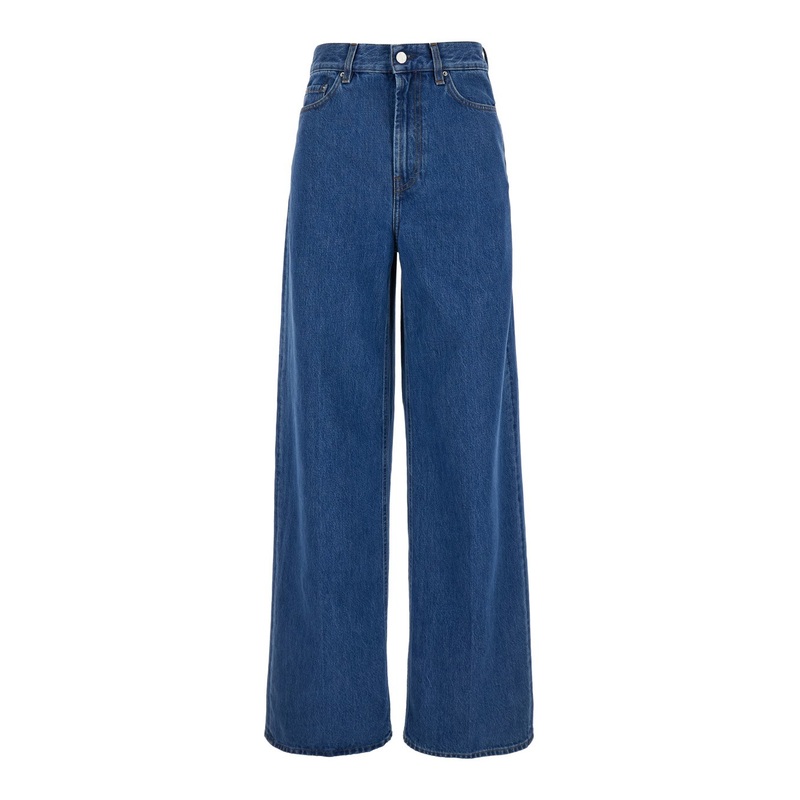 Blue Wide Jeans with Logo Patch in Denim Woman