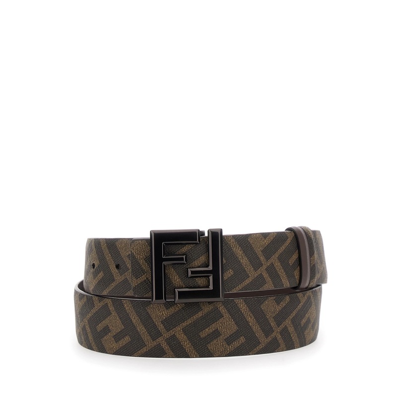 Brown Belt with Metallic FF Logo Plaque on the Front and FF Motif in Leather Man