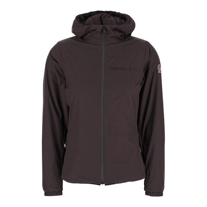 Brown Hooded Jacket with Logo Print in Tech Fabric Woman