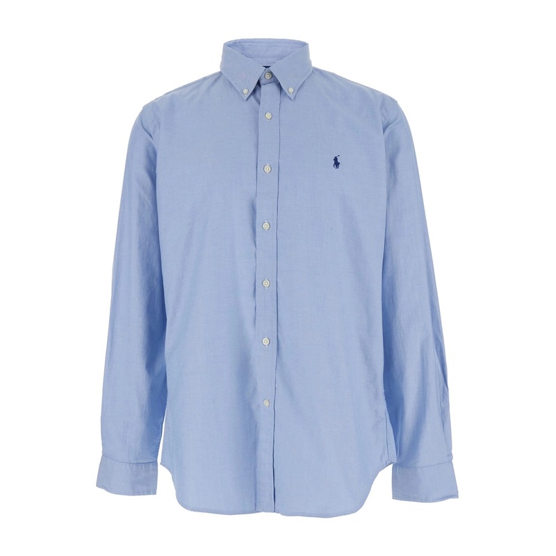 ‘Custom Fit’ Blue Shirt with Button Down Collar and Pony Embroidery on the Front in Stretch Cotton Man
