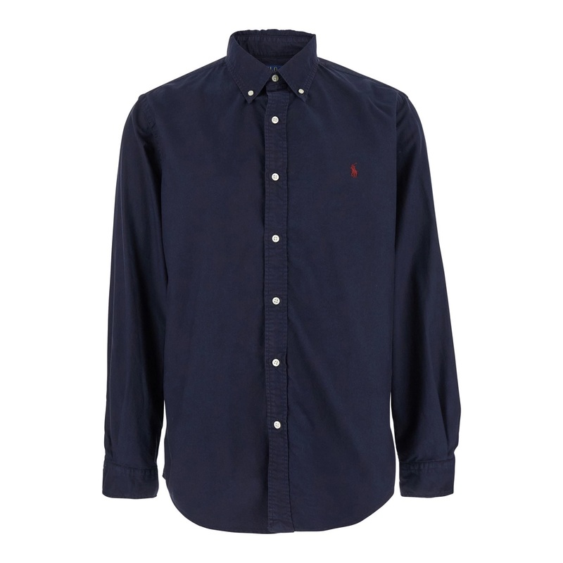 ‘Custom Fit Oxford’ Blue Shirt with Button Down Collar and Pony Embroidery on the Front in Cotton Man