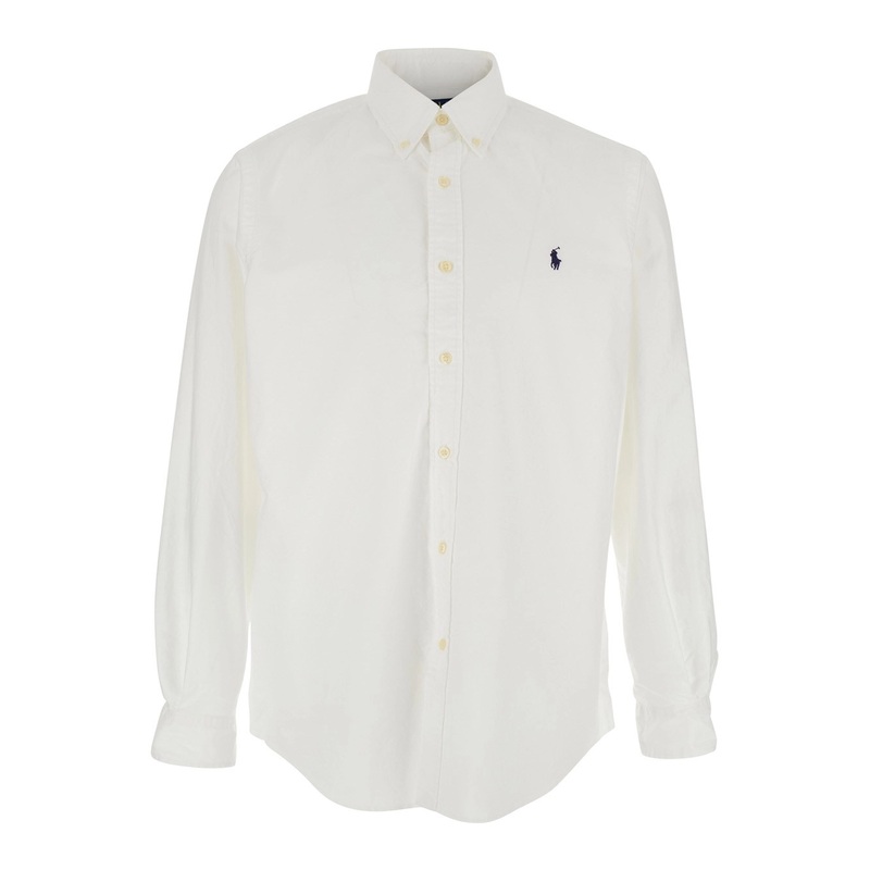 ‘Custom Fit Oxford’ White Shirt with Button Down Collar and Pony Embroidery on the Front in Cotton Man