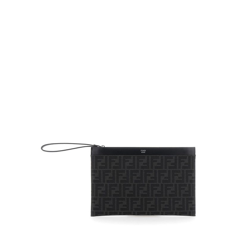 Grey Clutch with All-Over FF Motif in Fabric and Leather Man