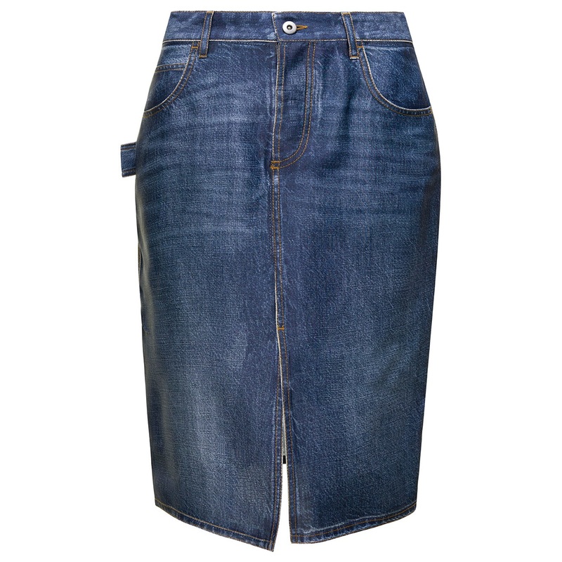 Midi Blue Skirt with Logo Ptahc in Denim Printed Silk and Viscose Woman